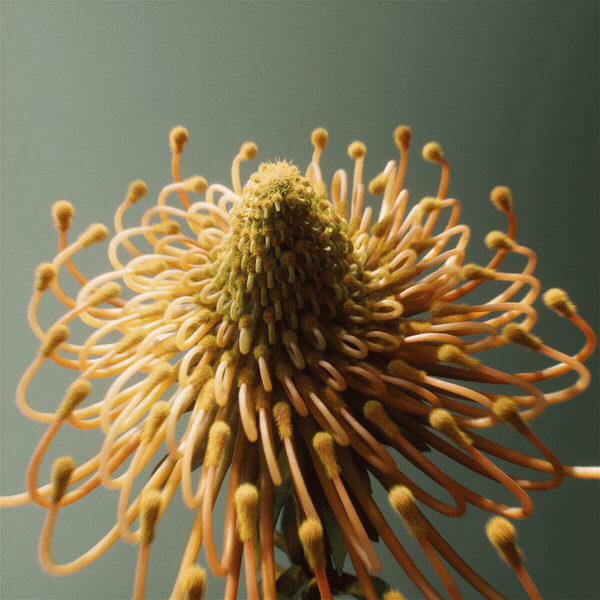 a gif of a 3D-animated fantastical flower unfurling in a seemingly endless yellow spiral