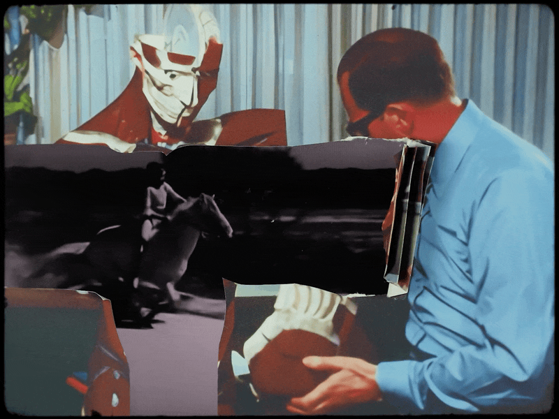 an animated gif of a boy riding a horse, dog grabbing a toy, and a man with a mask