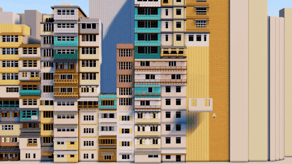 a gif from a video by Sluda Builds of a Minecraft version of Kowloon City in progress