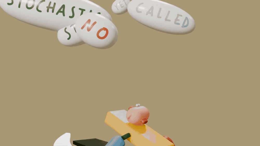 a gif from a music video by OK GO showing a computer animation of an abstract, cartoonish figure with word bubbles floating around their head