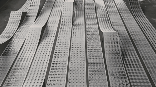 a gif from a music video of scrolls of patterned paper laying in rows on a concrete floor