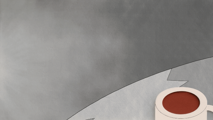 a gif from a short animated film showing a young man looking at two cakes, one in color and one in black-and-white