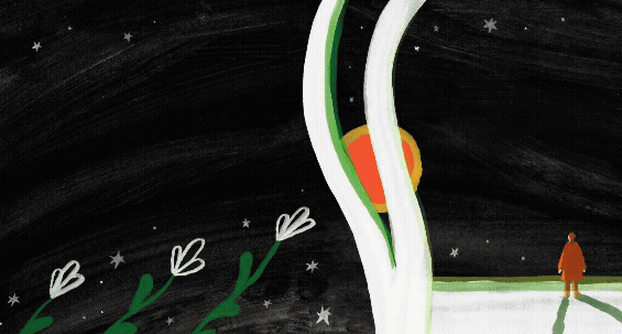 a gif from an animated short titled 'Springrise' featuring a sun rolling up into a dark sky past a few people