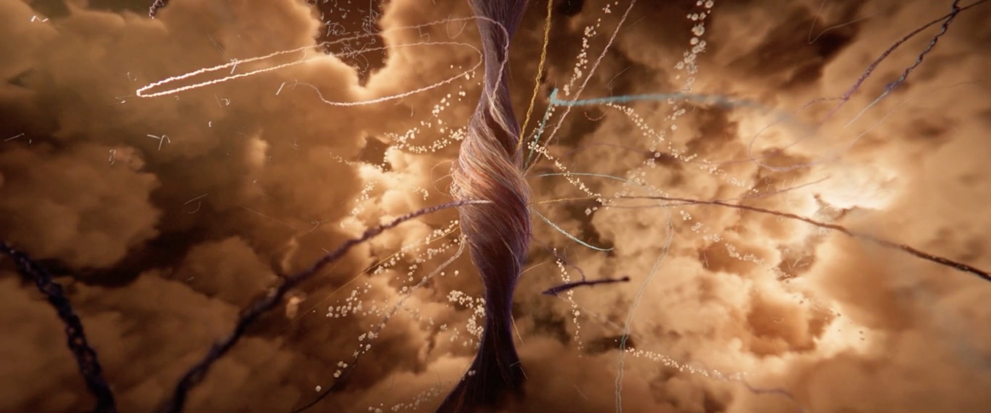 a still from an animated film called "Au 8ème Jour" showing a tightly wound column of colorful yarn that is turning black