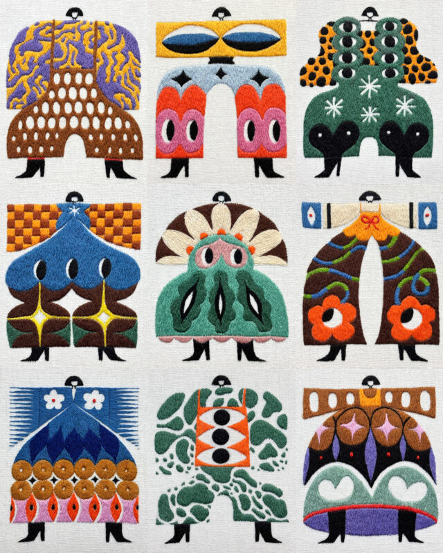 a composite image of embroidered artworks by Irene Saputra, of nine colorful, patterned, symmetrical, abstractly shaped figures