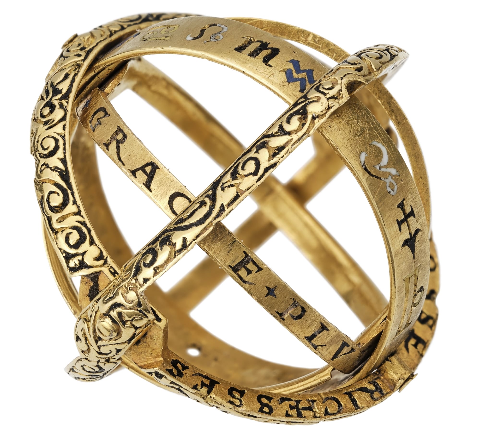 a photo of an armillary ring with engraved symbols and Zodiac signs