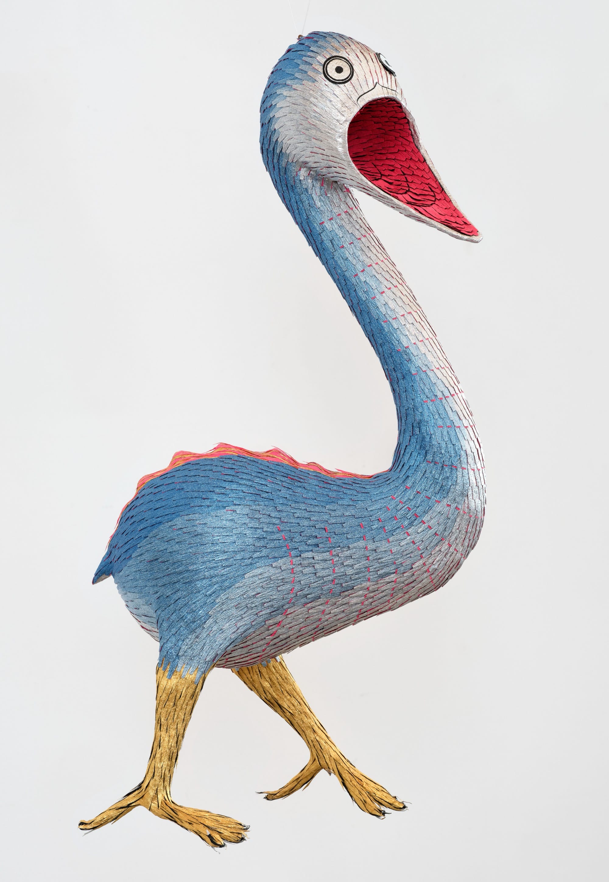 a papier-mâché sculpture by Roberto Benavidez of an imaginary bird creature based on a detail of a Hieronymus Bosch painting