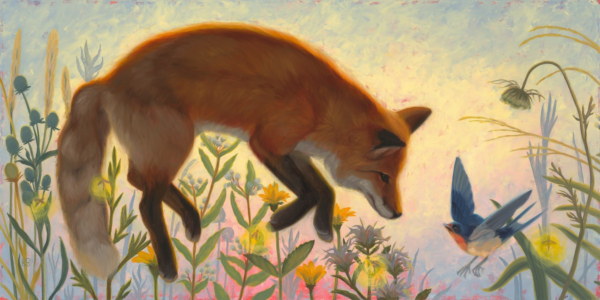 a painting by Laura Catherwood of a fox greeting a bird, floating over some flowers