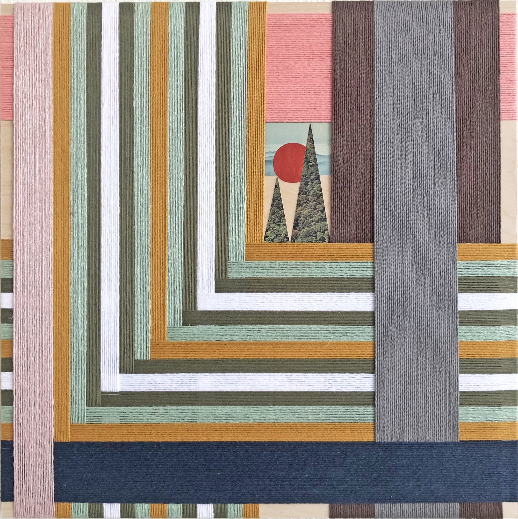 an artwork by Natalie Ciccoricco featuring collaged paper and bands of wrapped thread