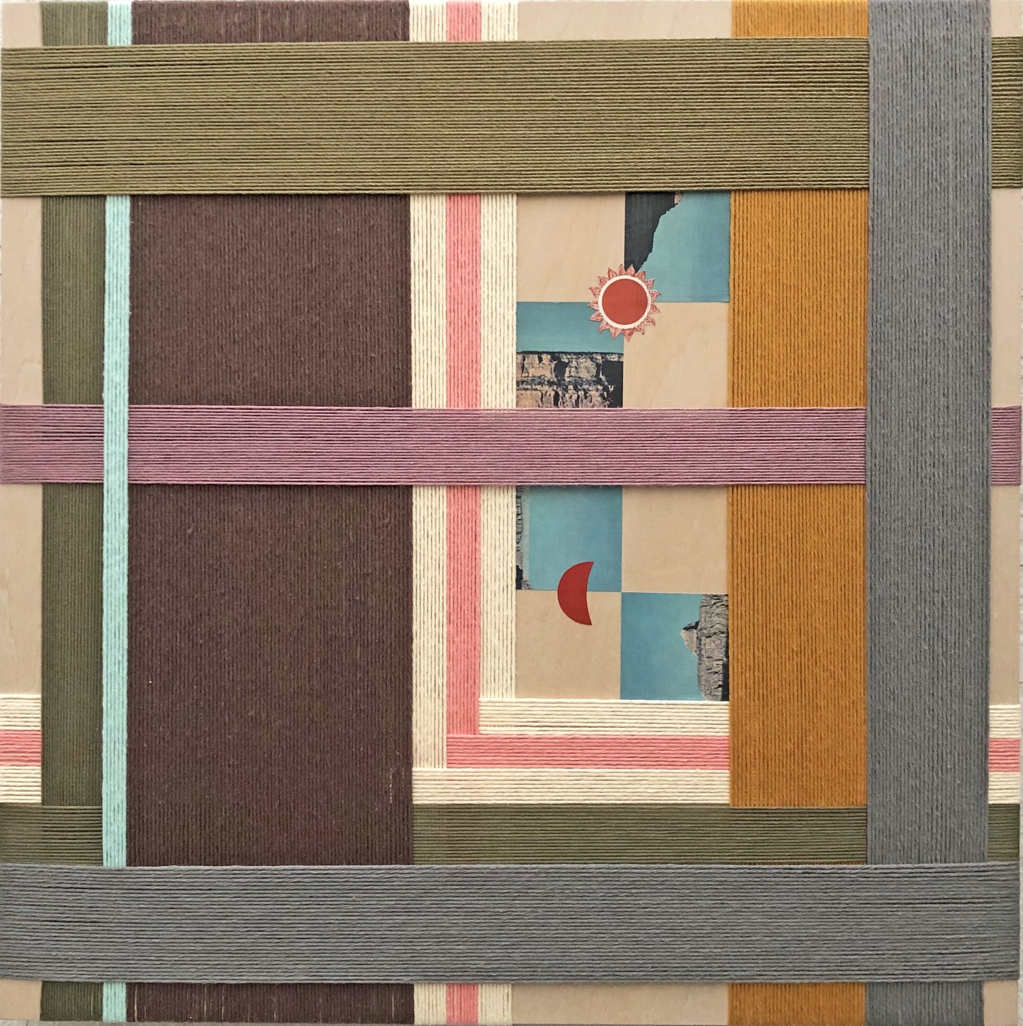 an artwork by Natalie Ciccoricco featuring collaged paper and bands of wrapped thread