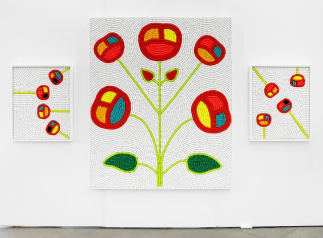 a beaded triptych by Renee Condo of cherries on white