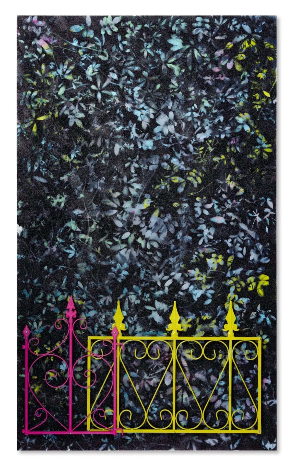 blue and green flowers on a black backdrop with pink and yellow fencing at the bottom