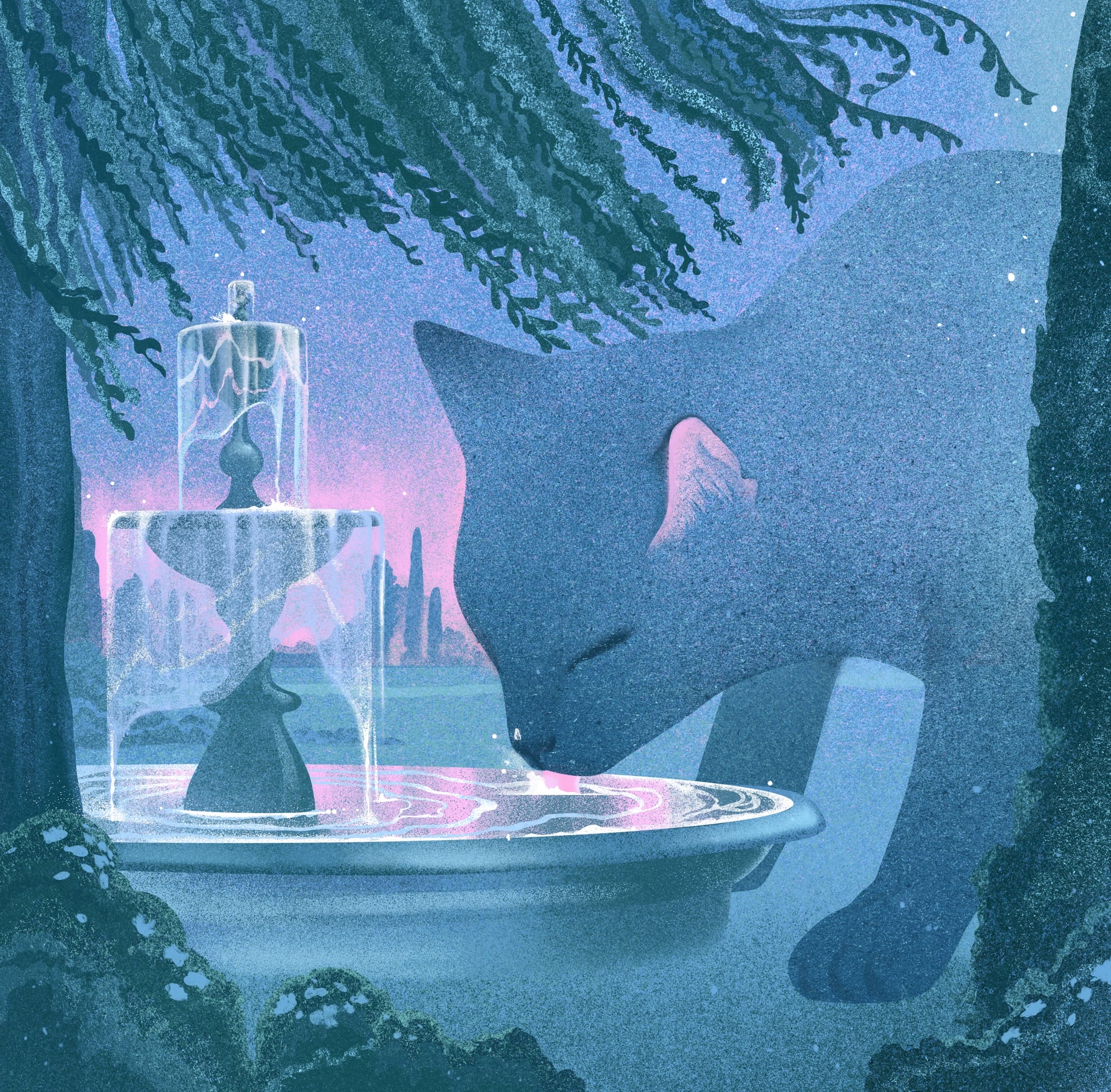 an illustration by Masha Foya of a giant cat drinking from a fountain