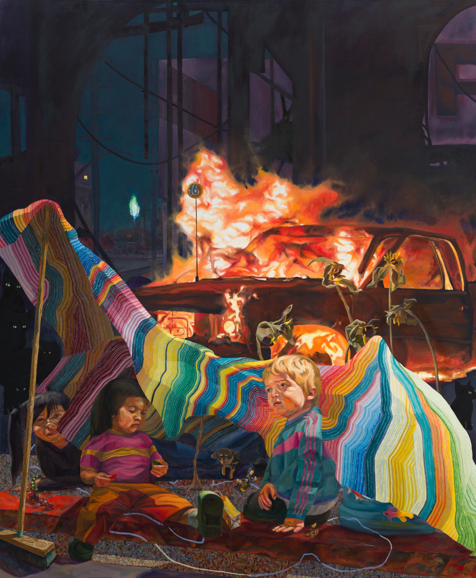 a painting by Elmer Guevara of three children underneath a makeshift tent with a car on fire in the background