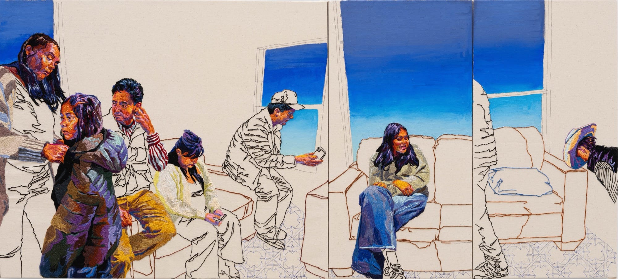 A triptych of family members gathered in a living room