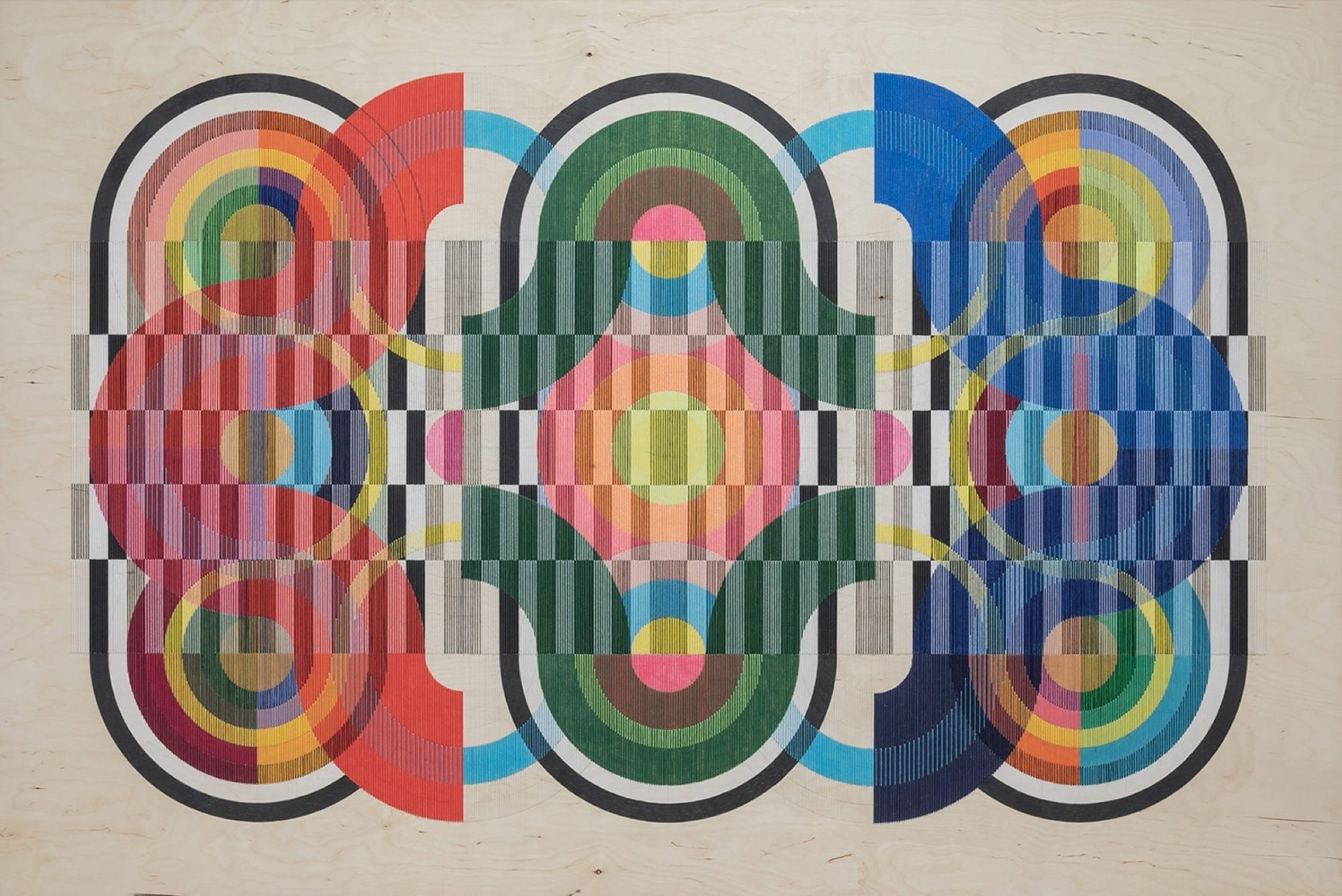 a horizontal, abstract, geometric thread composition on a wood panel