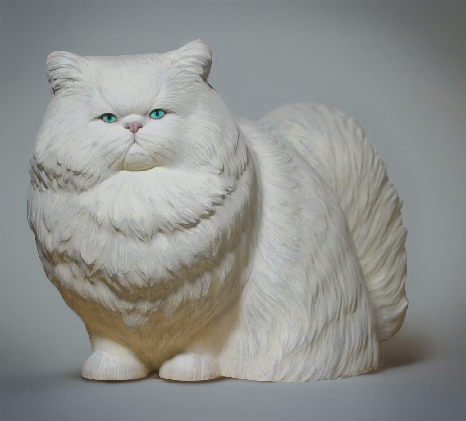 a carved wooden sculpture of a fluffy Persian cat by Yuta Nakazato