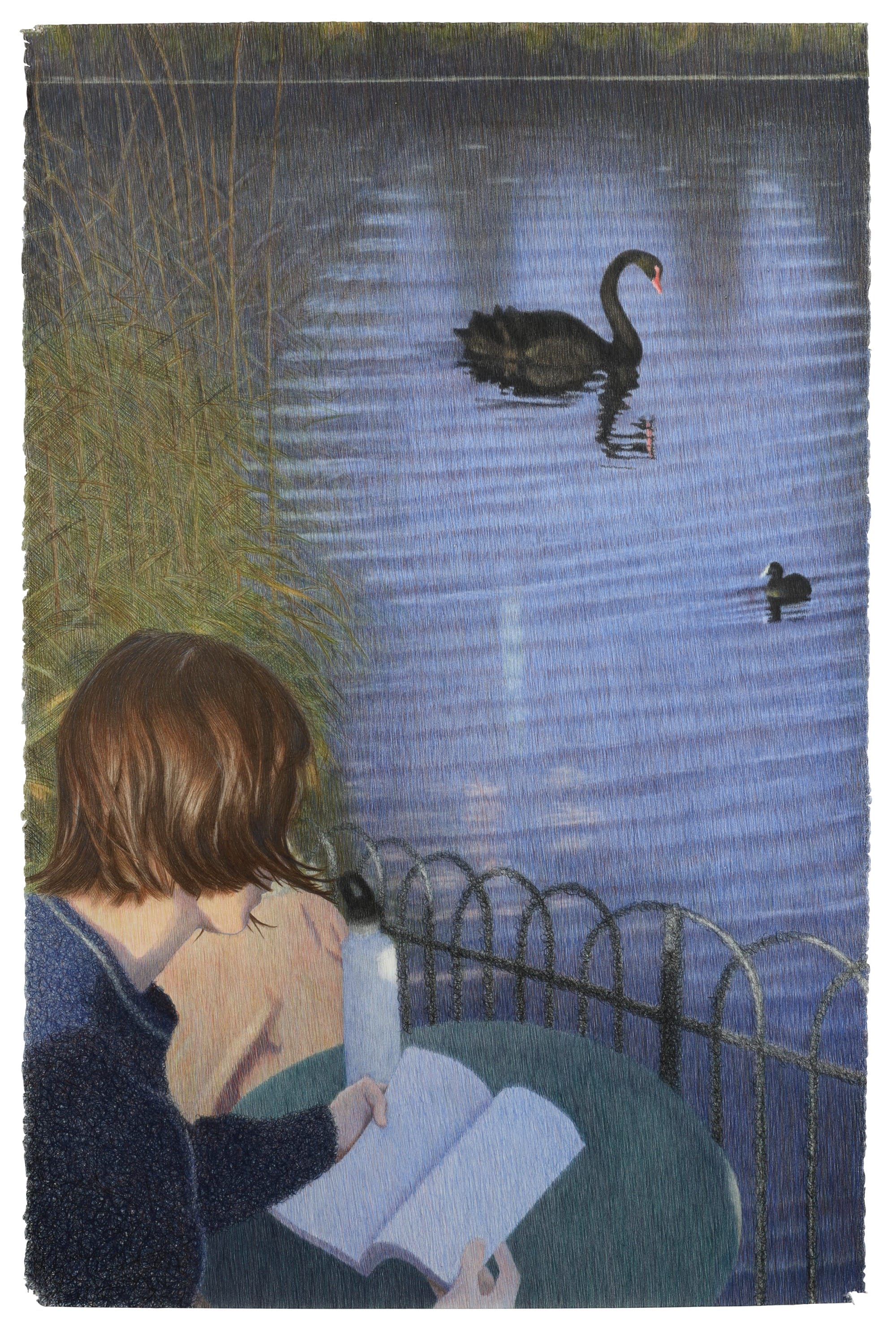 a graphite and colored pencil drawing by Tarka Kings of a woman seated by an ironic fence, with two swans in a lake