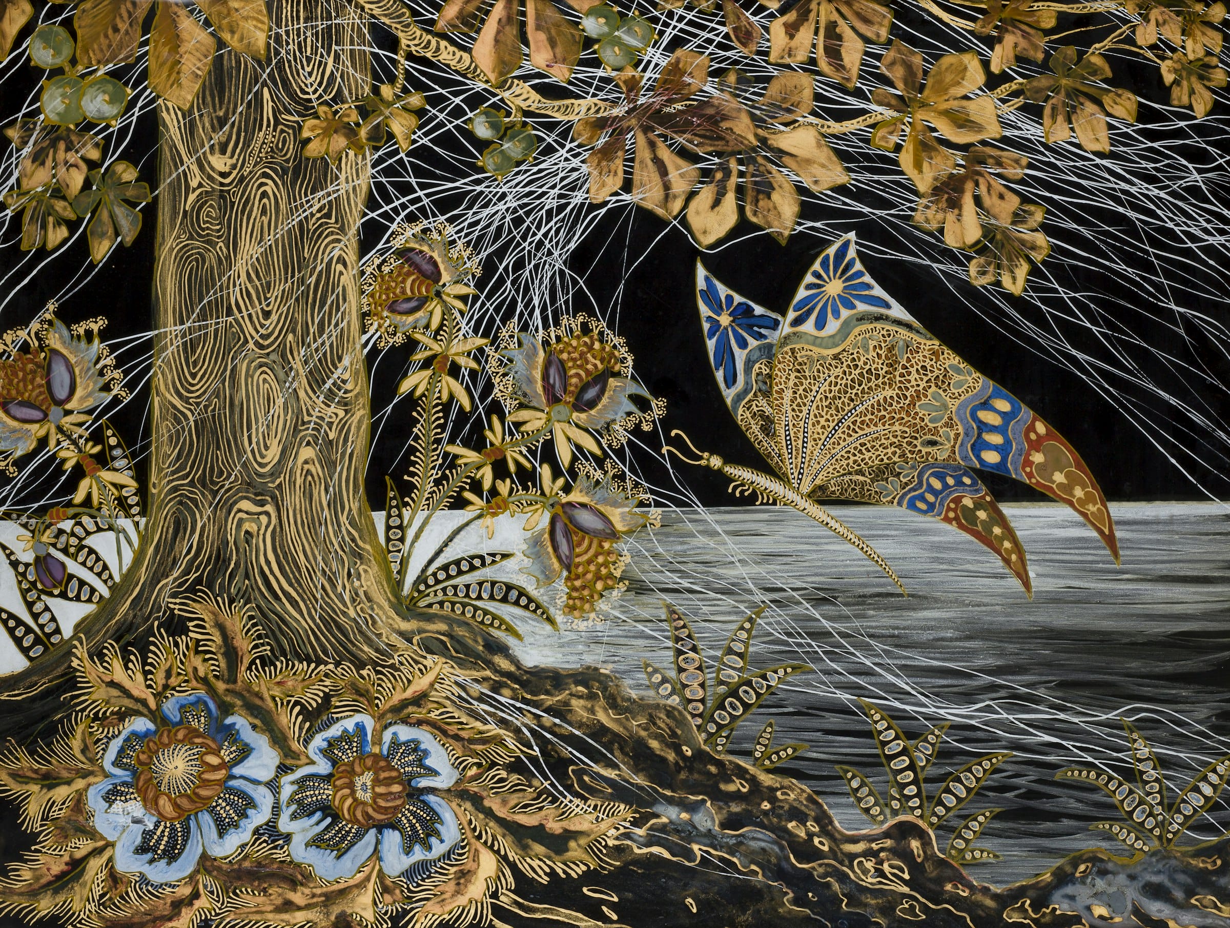 a gilded drawing of a butterfly, body of water, and tree