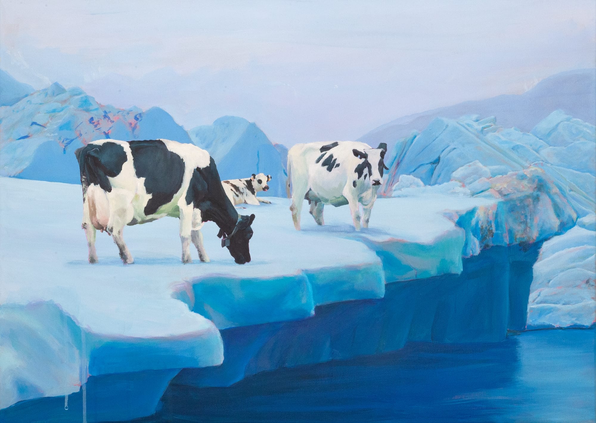 a painting by Murmure of cows grazing on an iceberg