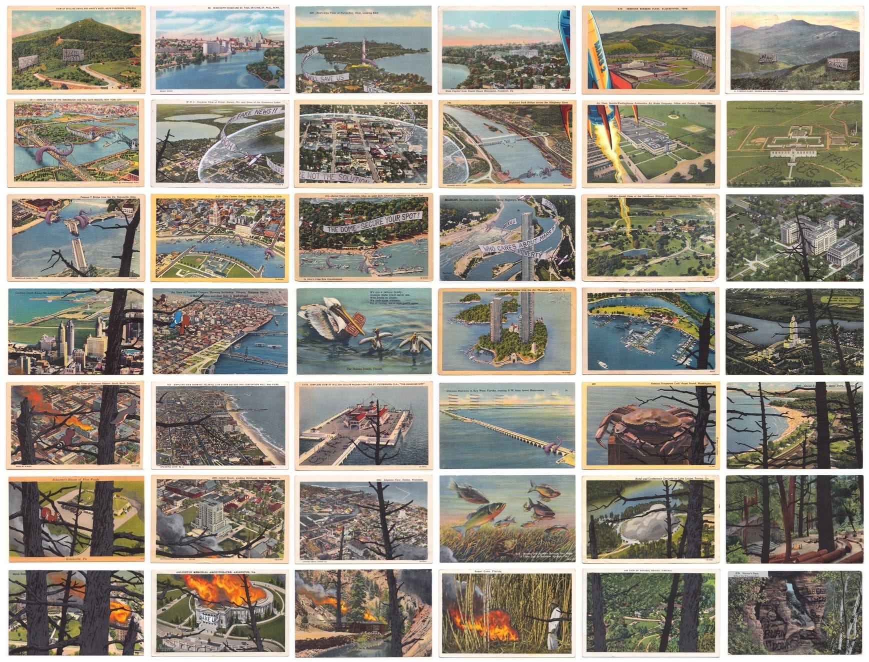 a grid of numerous vintage postcards of various landscapes with painted details over them that reference environmental disaster