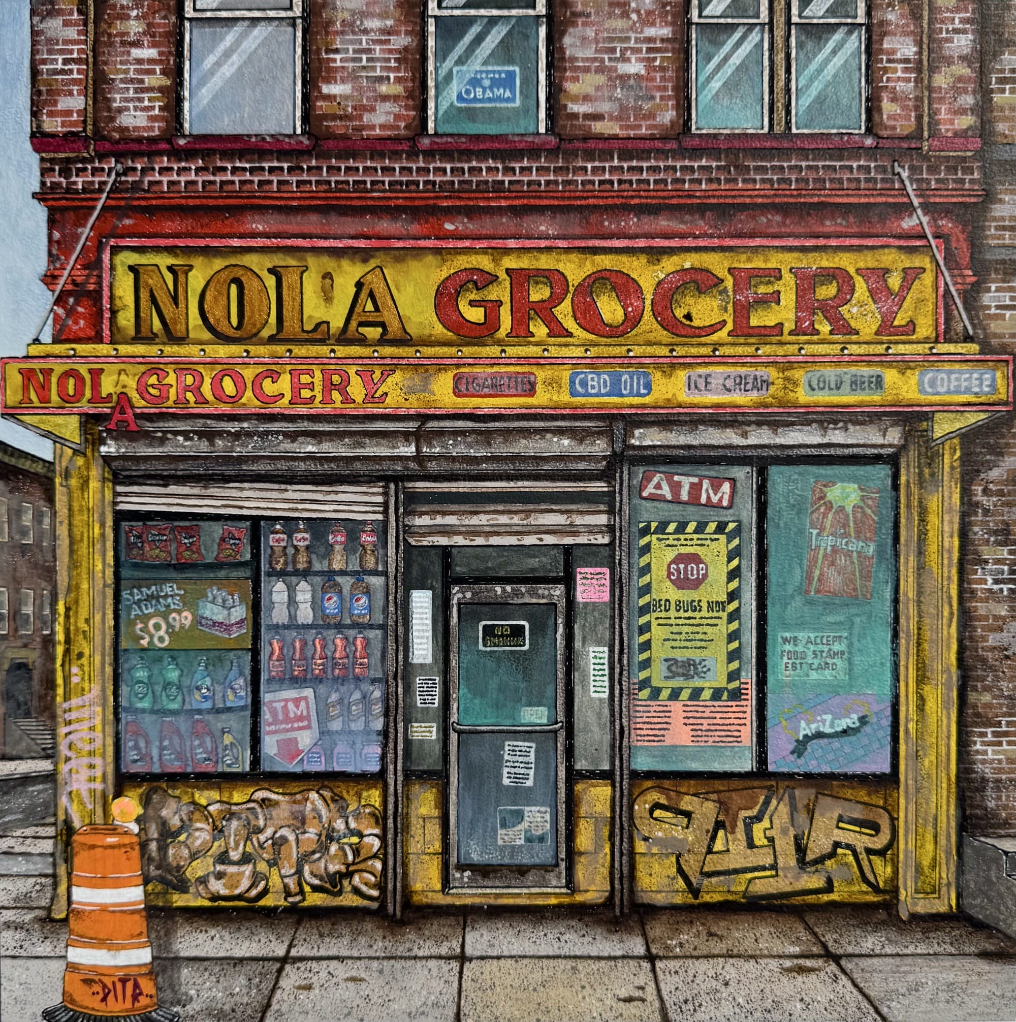 a painting by Pizza in the Rain of a retail facade called Nola's Grocery