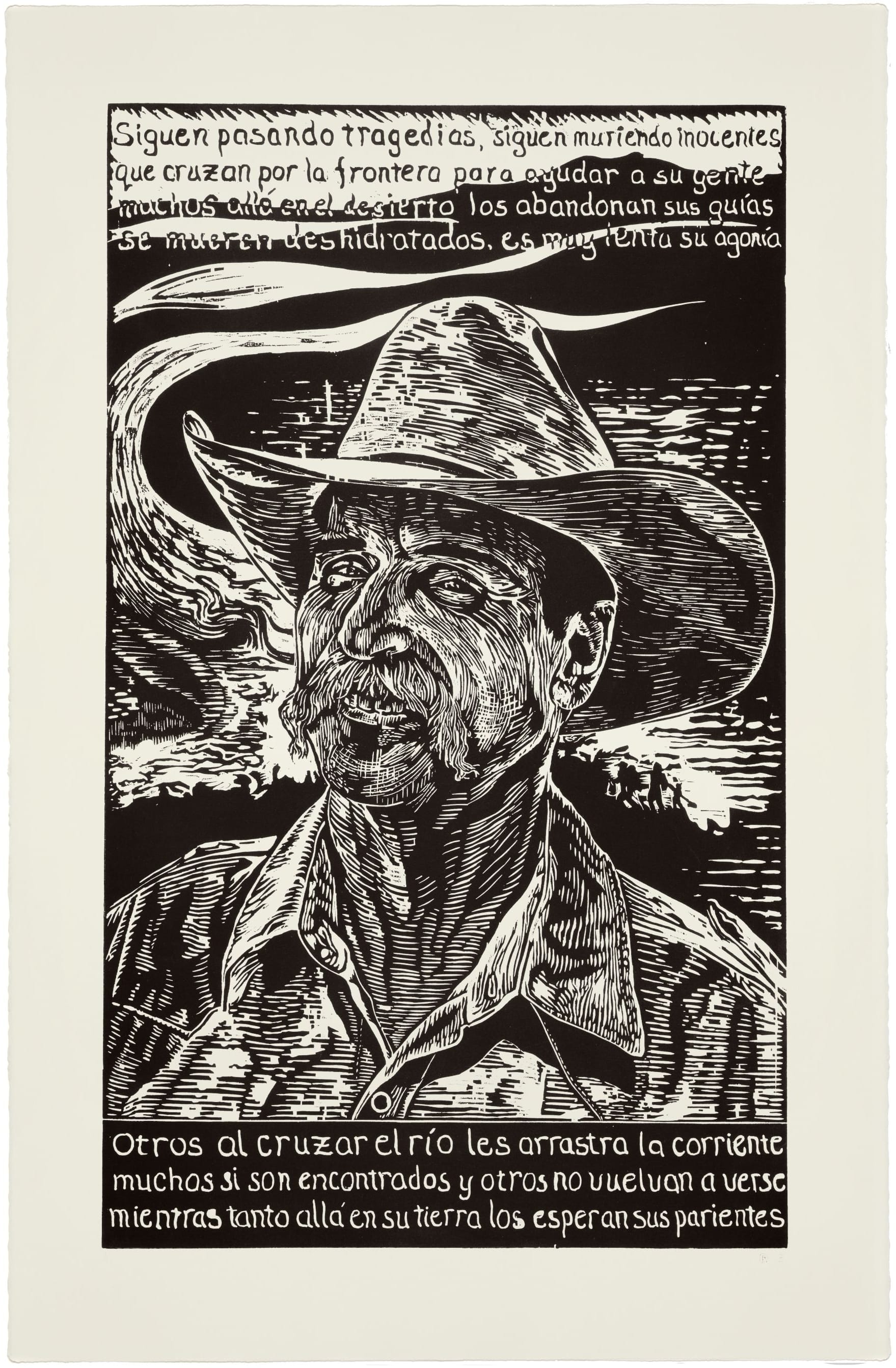 a black and white woodcut print of a man with a cowboy hat and text in spanish surrounding him