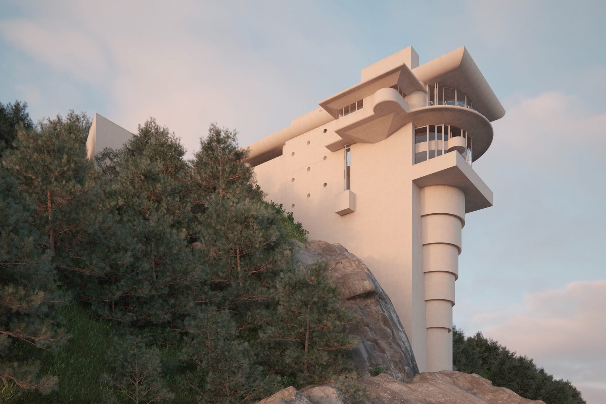 a digital rendering of a futuristic white house on a cliff originally designed by Frank Lloyd Wright