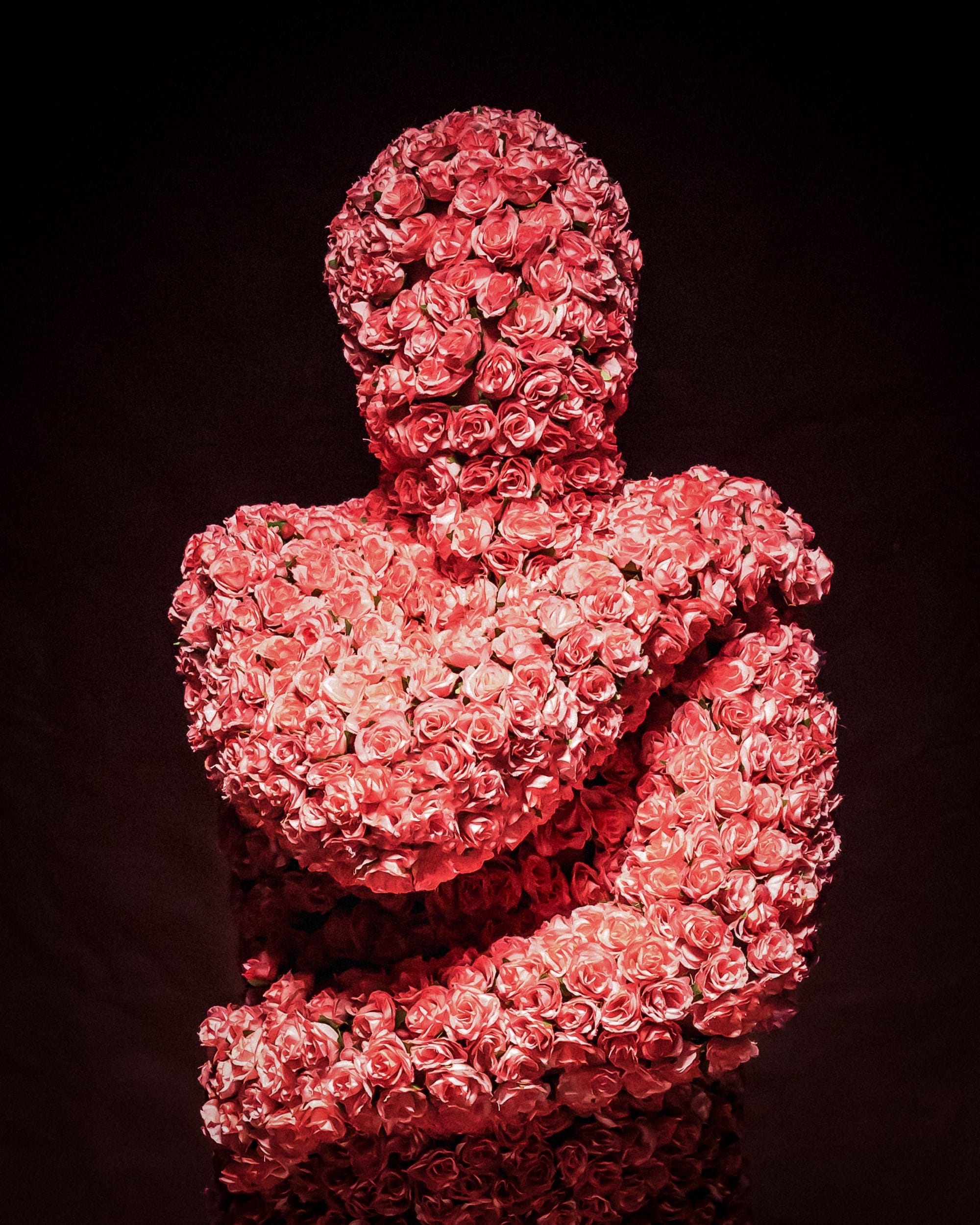 a costumed figure in an all-over outfit of pink fabric flowers, photographed against a black background