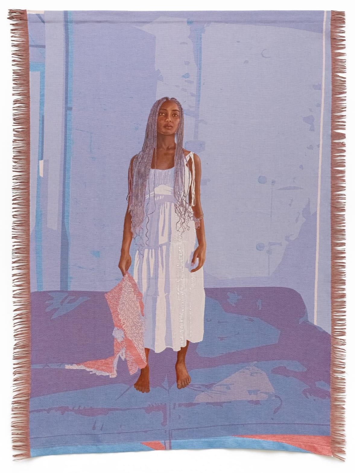 a woven Jacquard tapestry by Malaika Temba of a young Black woman with long blonde braids, wearing a white dress, standing amid a mostly pastel purple setting