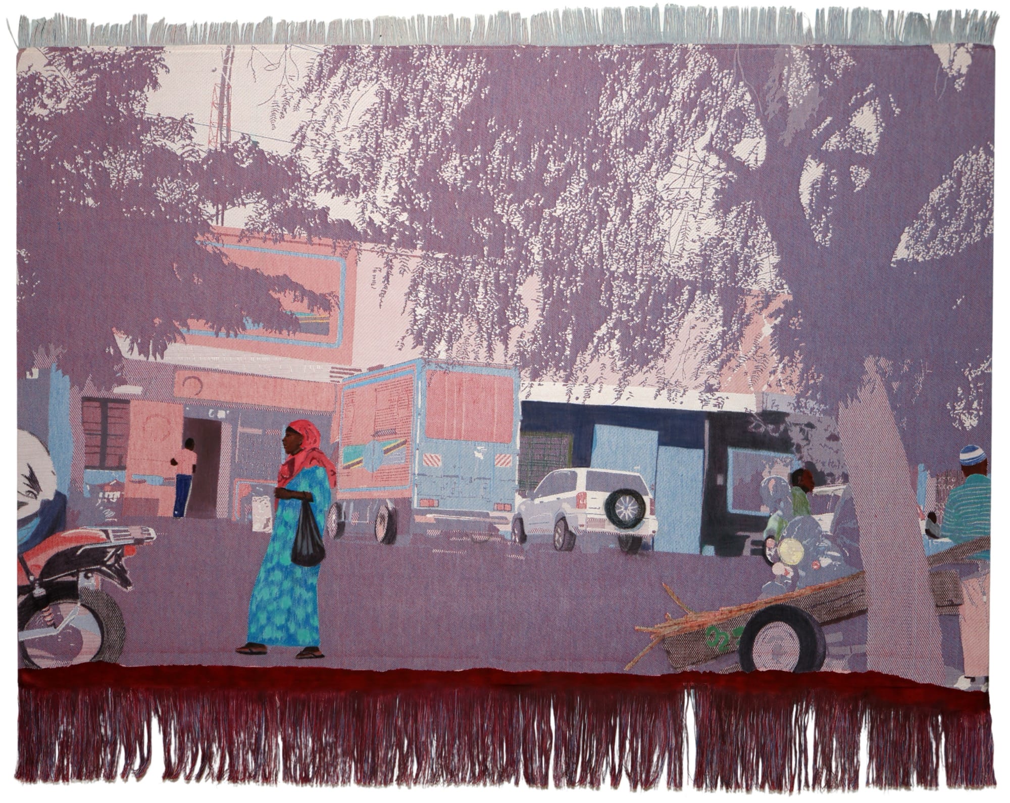 a woven Jacquard tapestry by Malaika Temba of people and cars in a mostly violet hue